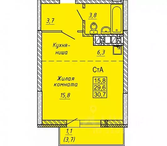 Студия Новосибирская область, Новосибирск ул. Петухова, 162 (29.6 м) - Фото 0