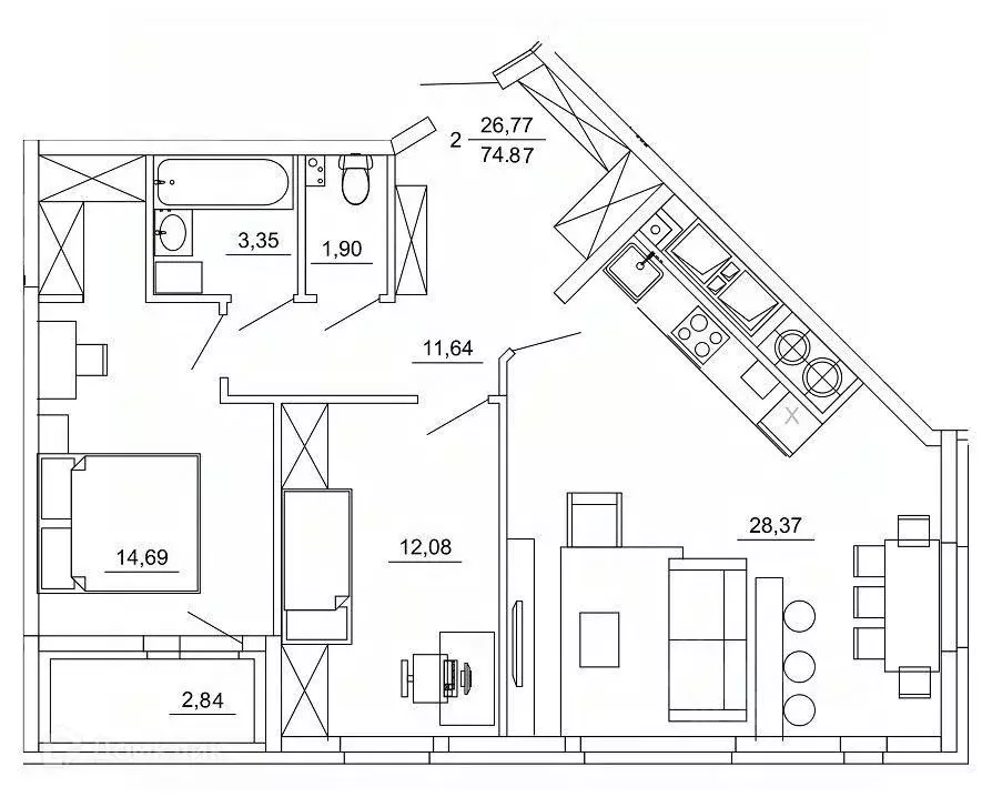 2-к кв. Рязанская область, Рязань ул. Земнухова (74.87 м) - Фото 0