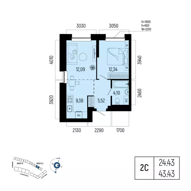 2-к кв. Башкортостан, Уфа Глумилино-1 мкр, Новатор жилой комплекс ... - Фото 1
