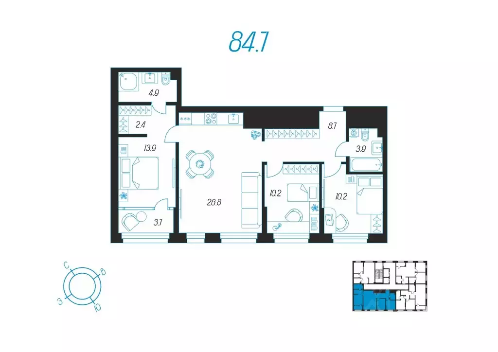 3-к кв. Тульская область, Тула ул. Михеева, 9А (84.7 м) - Фото 0