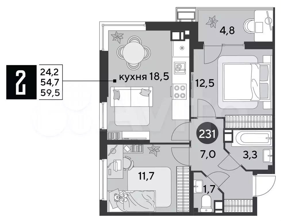 2-к. квартира, 59,5 м, 8/9 эт. - Фото 1