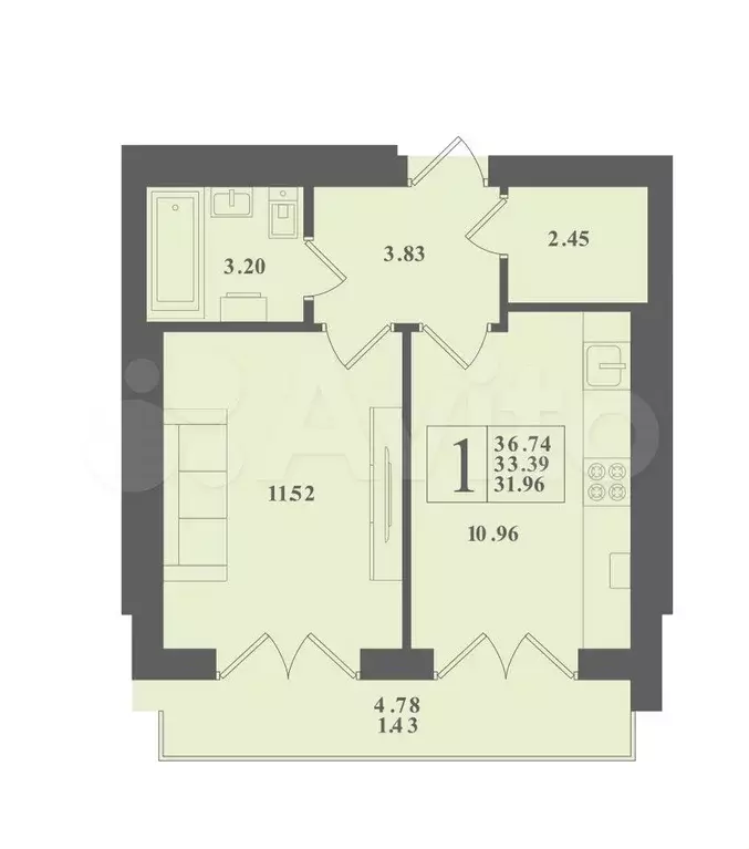 1-к. квартира, 36,7 м, 2/4 эт. - Фото 0