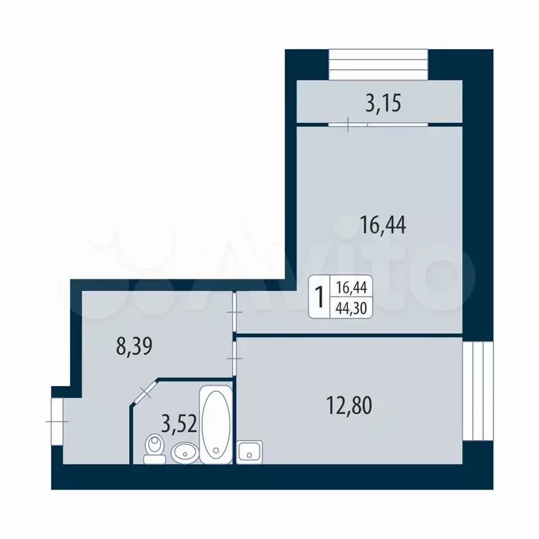 1-к. квартира, 44,3 м, 2/4 эт. - Фото 1