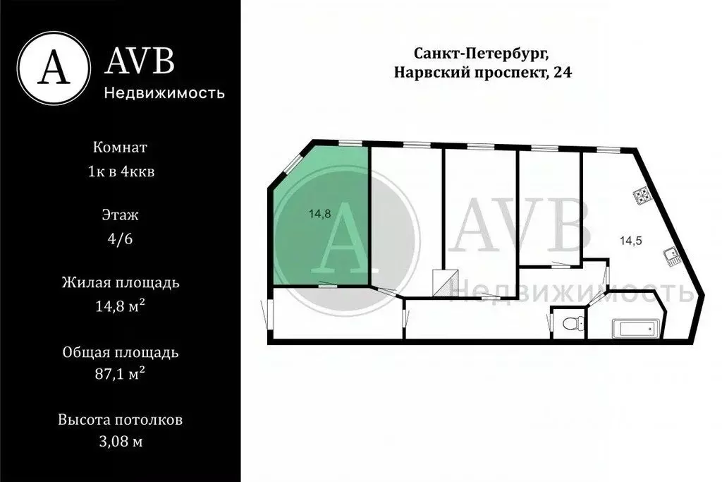 Комната Санкт-Петербург Нарвский просп., 24/2 (14.8 м) - Фото 2