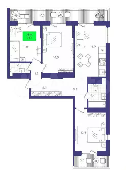 3-к. квартира, 74,8 м, 15/15 эт. - Фото 1