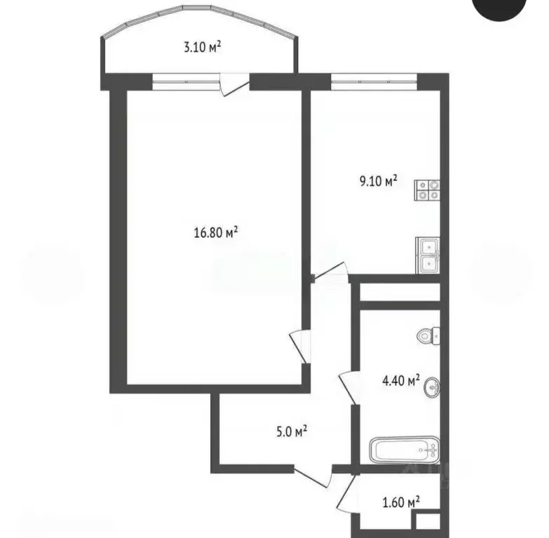 Студия Тюменская область, Тюмень ул. Героев Космоса, 13к1 (34.9 м) - Фото 2