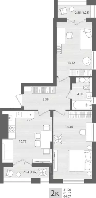 2-к кв. Калининградская область, Пионерский пос. Рыбное,  (64.07 м) - Фото 1