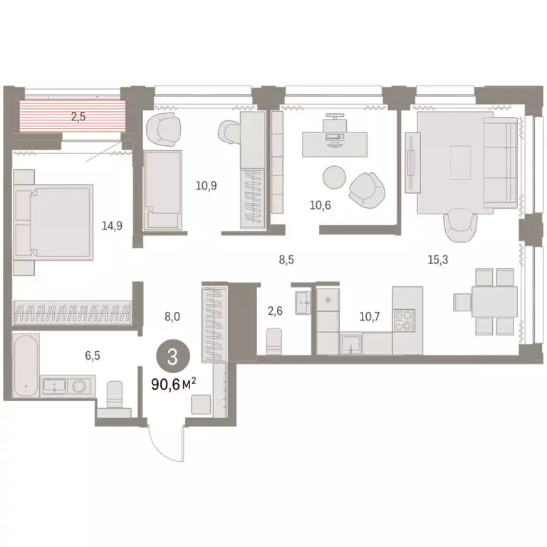 3-комнатная квартира: Новосибирск, жилой комплекс Мылзавод (90.22 м) - Фото 2