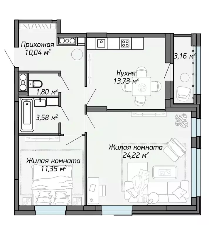 2-к кв. Марий Эл, Йошкар-Ола Два Капитана жилой комплекс (66.3 м) - Фото 1