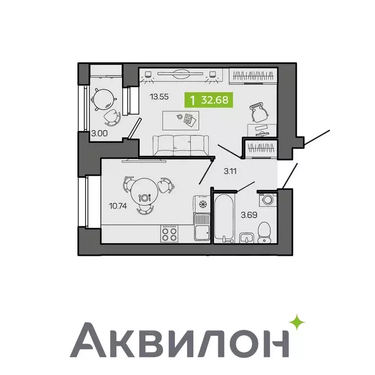 1-комнатная квартира: Северодвинск, улица Ломоносова, 79к3 (32.59 м) - Фото 0
