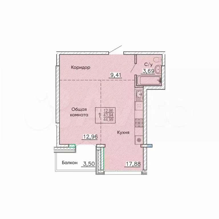 1-к. квартира, 45 м, 8/9 эт. - Фото 0