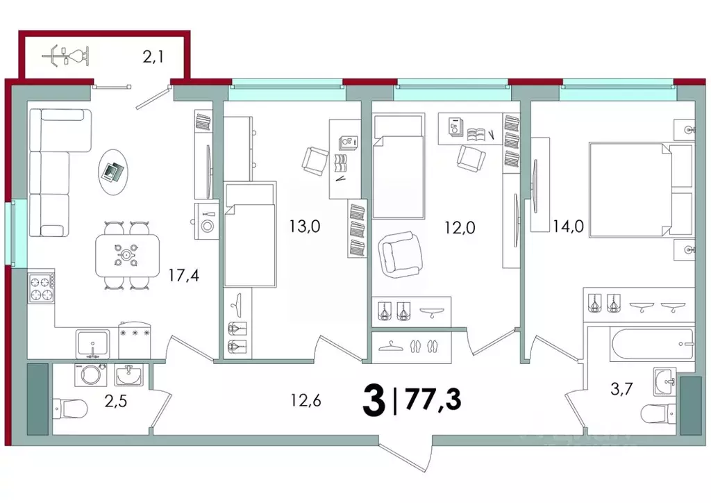 3-к кв. Тверская область, Тверь ул. С.Я. Лемешева, 6 (77.3 м) - Фото 1