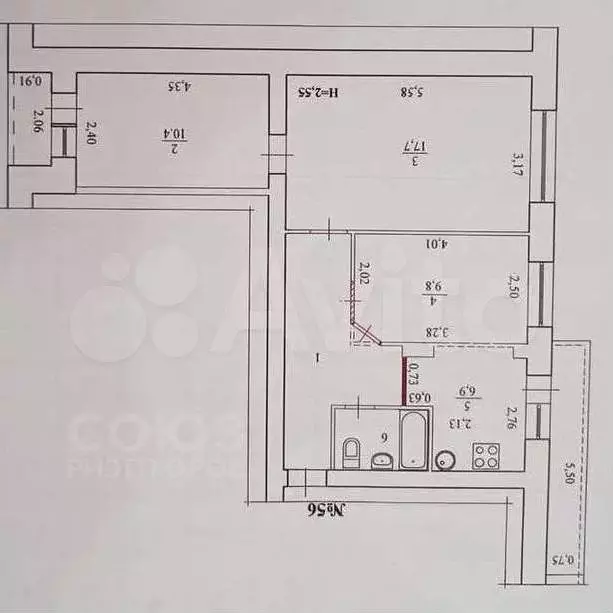 3-к. квартира, 57,8 м, 5/9 эт. - Фото 0