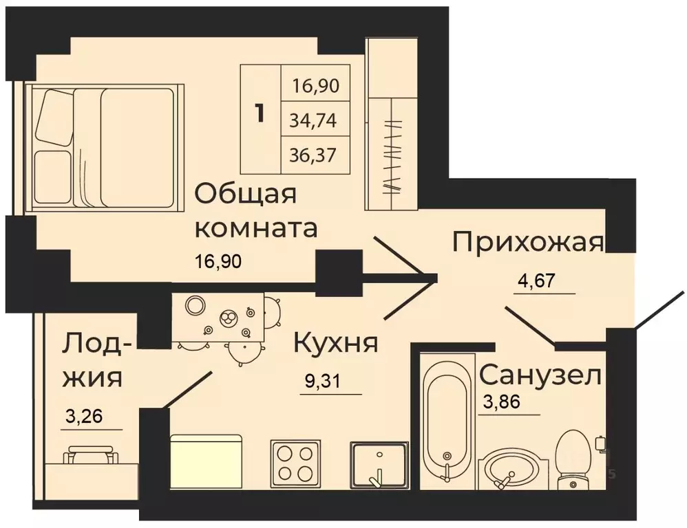 1-к кв. Ростовская область, Батайск  (36.37 м) - Фото 0