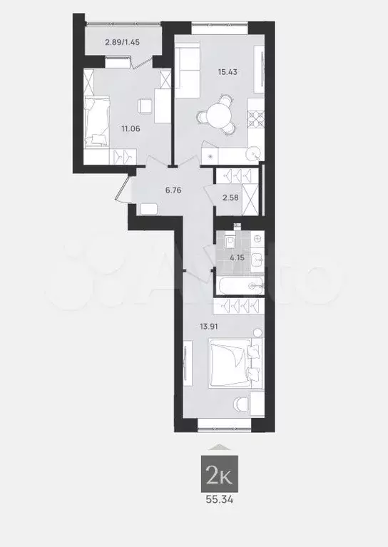 2-к. квартира, 55,4 м, 5/9 эт. - Фото 1