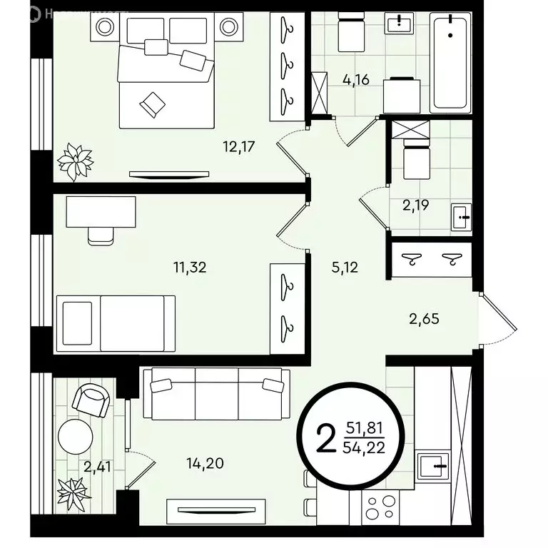 2-комнатная квартира: Тюмень, улица Александра Звягина, 5 (54.22 м) - Фото 0