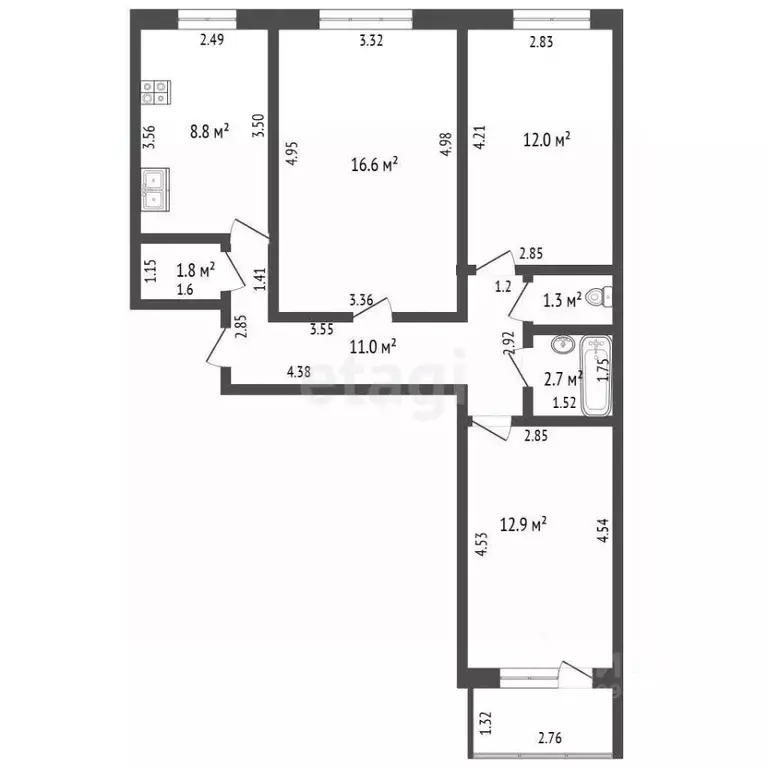 3-к кв. Башкортостан, Стерлитамак ул. Артема, 123 (68.0 м) - Фото 2