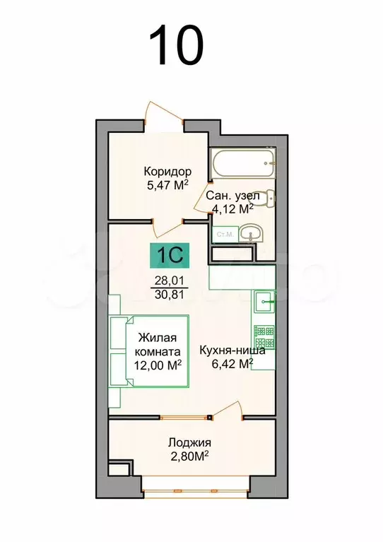 Квартира-студия, 30,8 м, 4/9 эт. - Фото 0