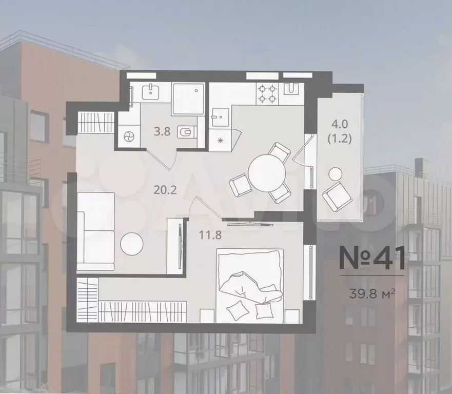 1-к. квартира, 39,8 м, 3/7 эт. - Фото 0