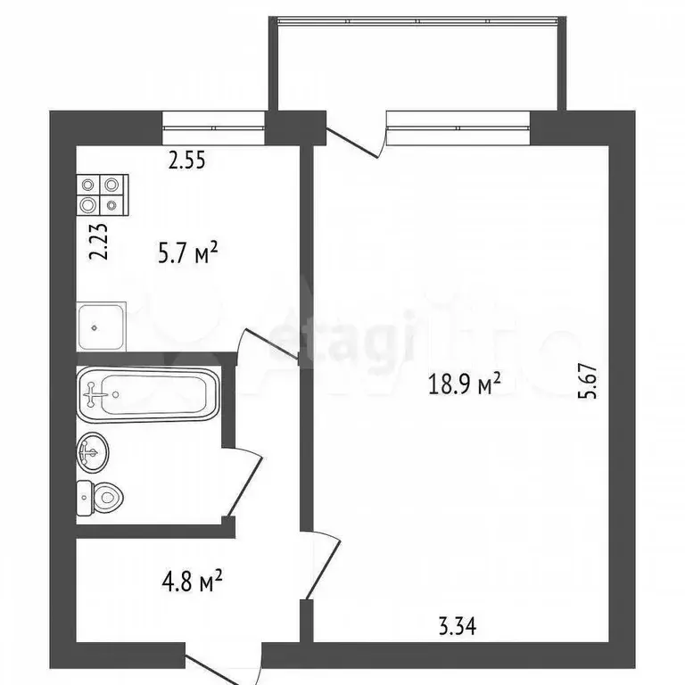 1-к. квартира, 33,4 м, 1/5 эт. - Фото 0