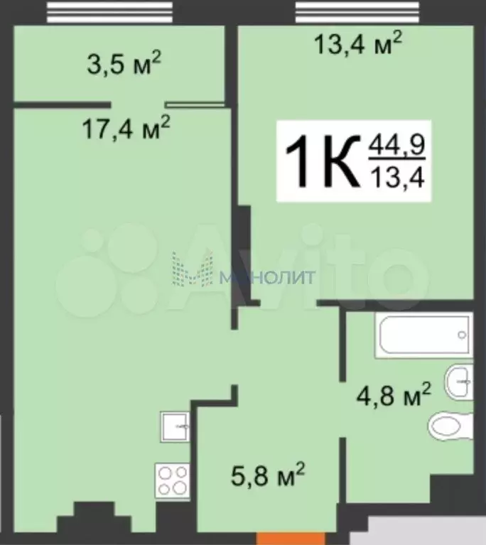 1-к. квартира, 44,5 м, 4/25 эт. - Фото 0