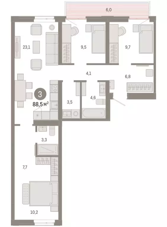 3-комнатная квартира: Тюмень, улица Республики, 205к3 (88.47 м) - Фото 1