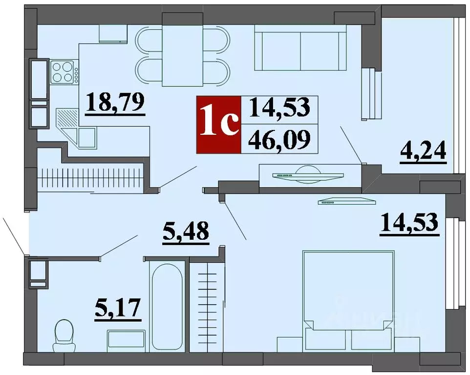 1-к кв. Рязанская область, Рязань ул. Фирсова, 14 (46.09 м) - Фото 0