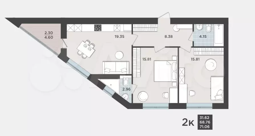 2-к. квартира, 68,8 м, 5/9 эт. - Фото 1