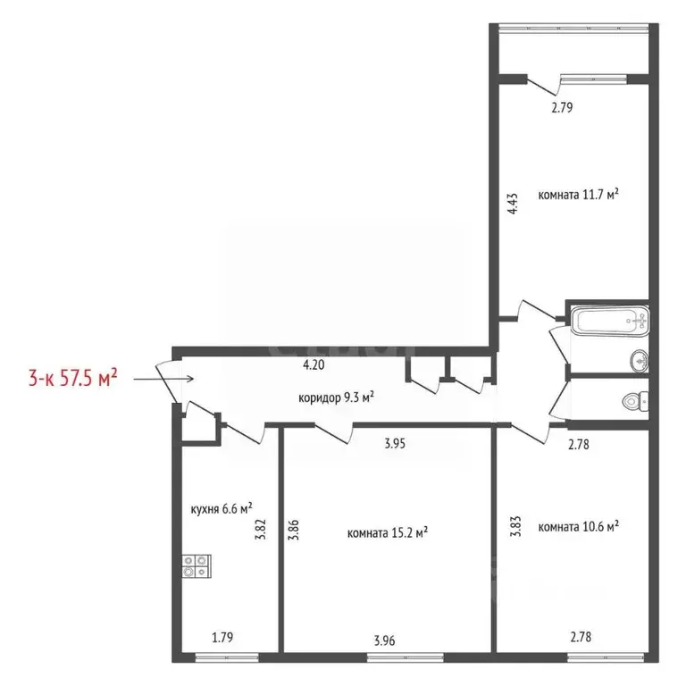 3-к кв. Свердловская область, Екатеринбург ул. Татищева, 125к3 (57.5 ... - Фото 2