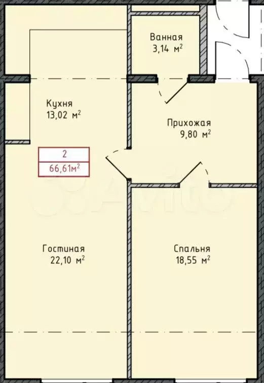 2-к. квартира, 66,6 м, 6/8 эт. - Фото 1