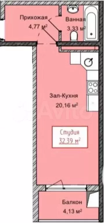 Квартира-студия, 32,4 м, 5/13 эт. - Фото 1
