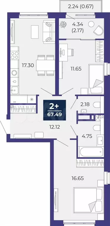 2-к. квартира, 67,5 м, 15/21 эт. - Фото 1