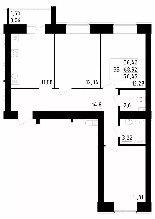 3-комнатная квартира: село Осиново, улица Гайсина, 2 (70.2 м) - Фото 1