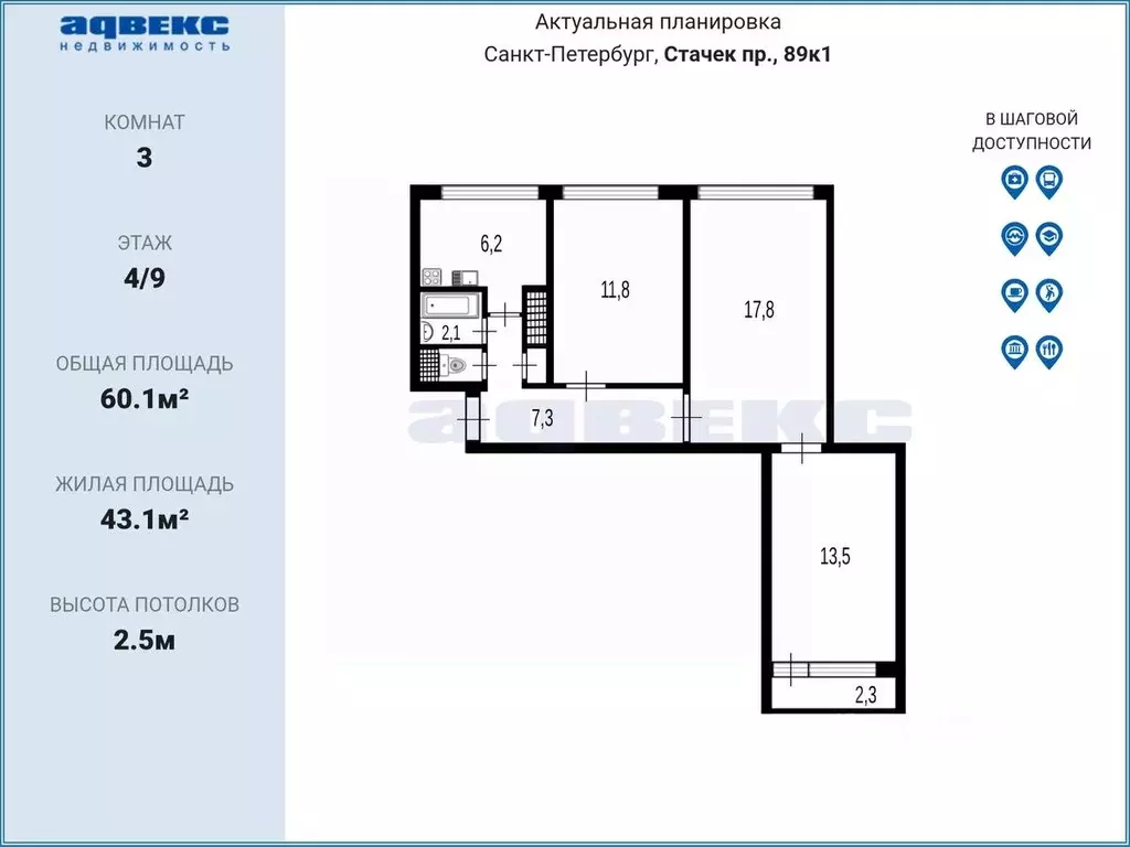 3-к кв. Санкт-Петербург просп. Стачек, 89К1 (60.1 м) - Фото 2