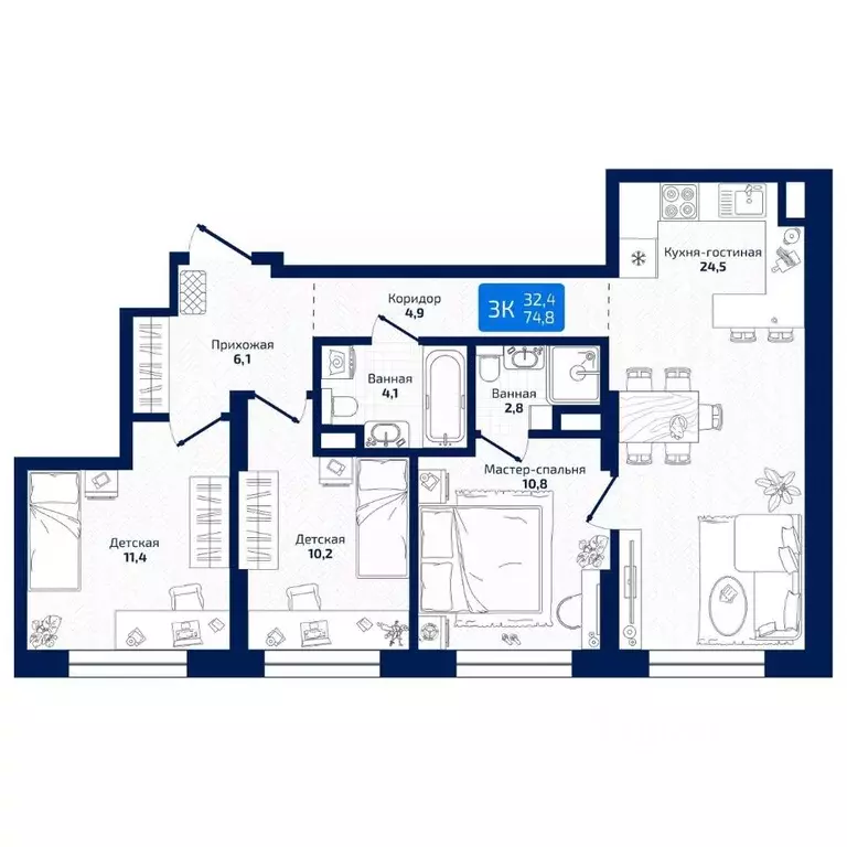 3-к кв. Самарская область, Самара ул. 8-я Радиальная, 31 (74.8 м) - Фото 1