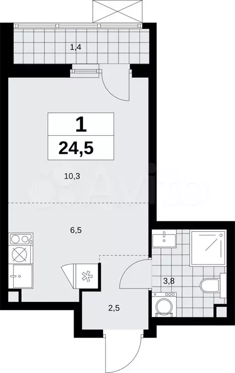 Квартира-студия, 24,5м, 2/14эт. - Фото 1