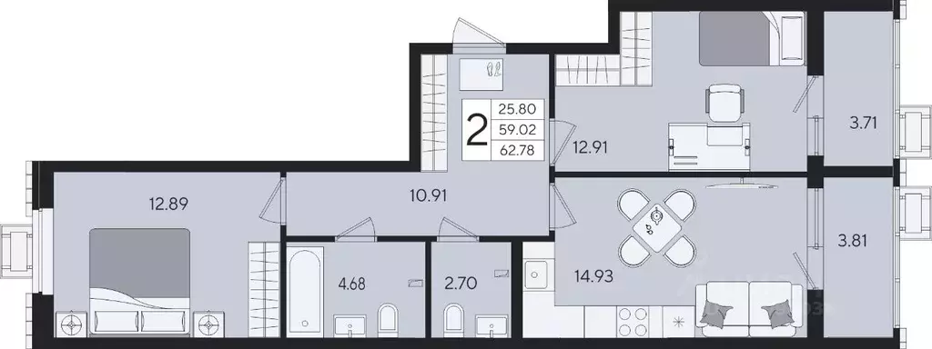 2-к кв. Краснодарский край, Краснодар  (62.78 м) - Фото 2