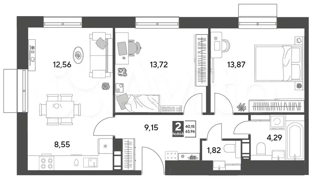 2-к. квартира, 64 м, 8/9 эт. - Фото 0