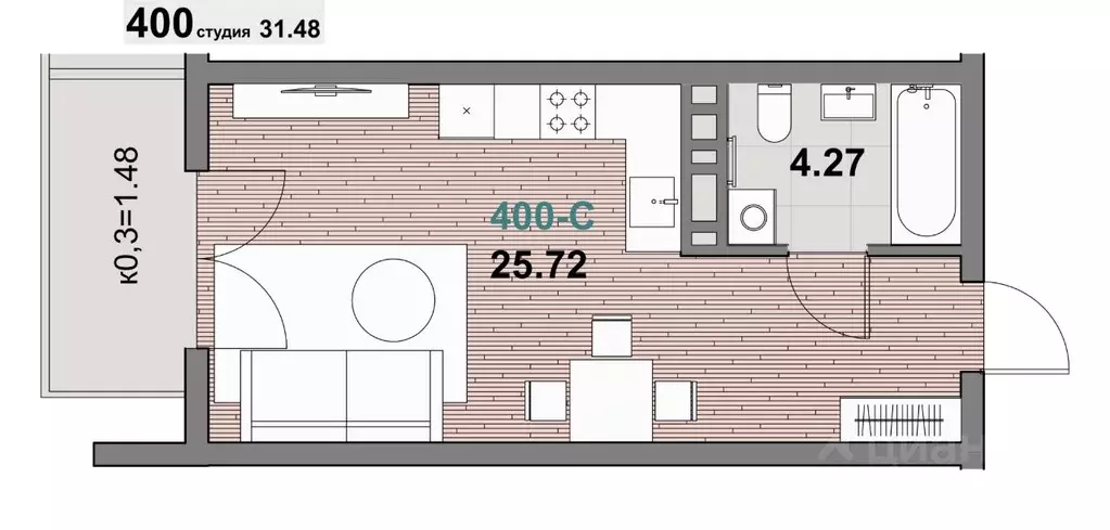 1-к кв. Калининградская область, Зеленоградск ул. Гагарина (31.47 м) - Фото 1