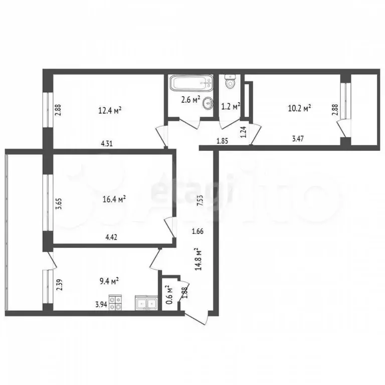 3-к. квартира, 57,8 м, 2/2 эт. - Фото 0