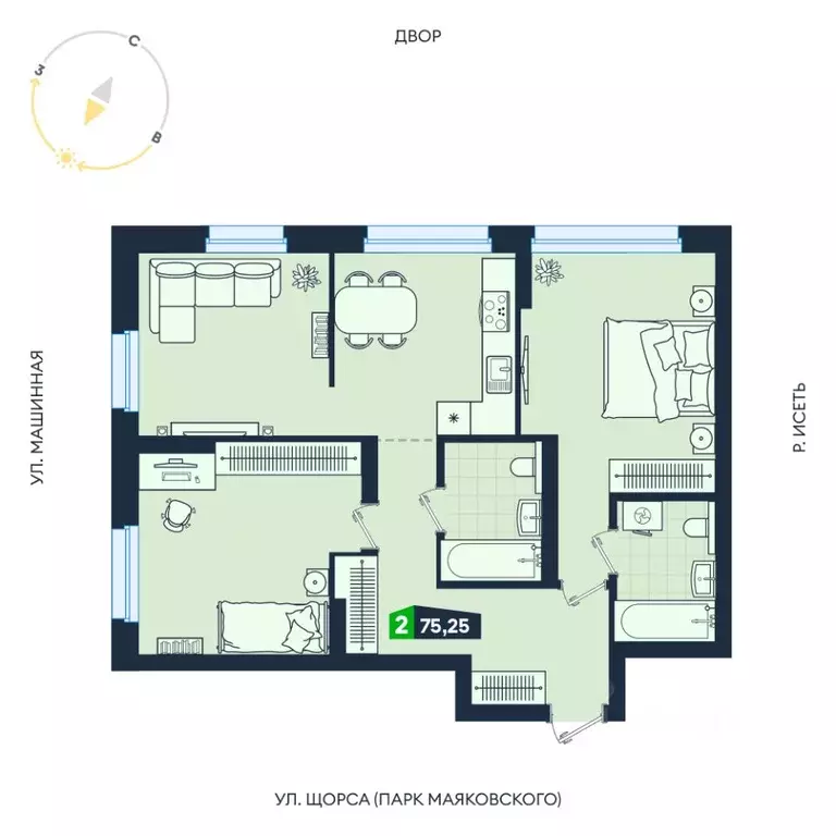 2-к кв. Свердловская область, Екатеринбург ул. Машинная, 1В/4 (75.25 ... - Фото 2