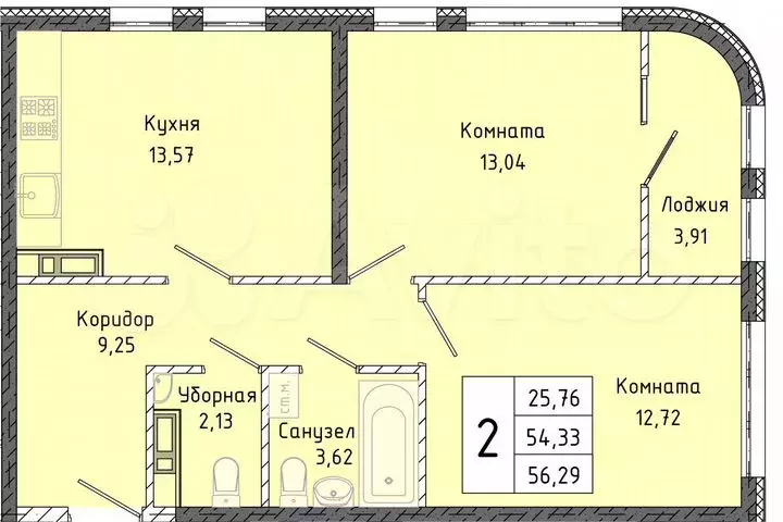 2-к. квартира, 56,3м, 8/16эт. - Фото 0