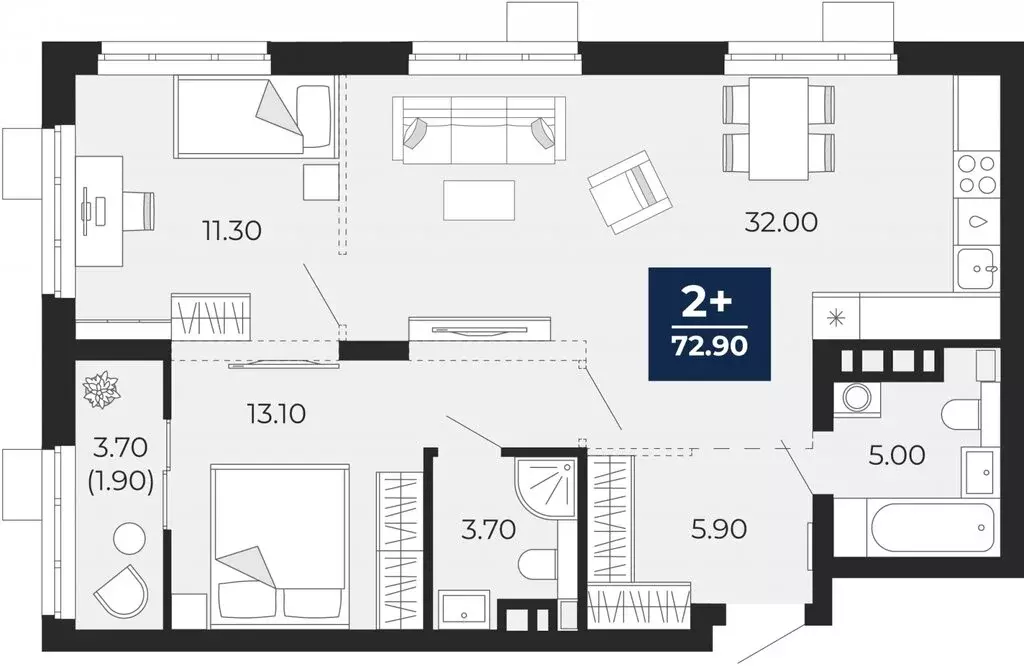 2-комнатная квартира: Тюмень, жилой комплекс Айвазовский Сити (72.9 м) - Фото 0