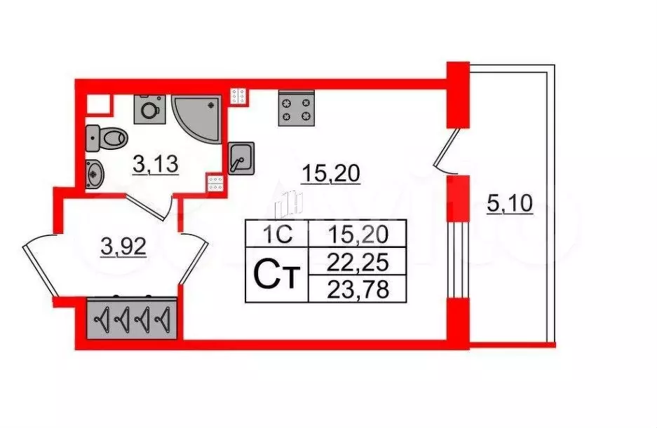 Квартира-студия, 22,3 м, 4/5 эт. - Фото 1