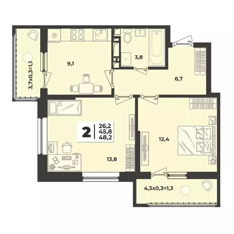 2-к кв. Краснодарский край, Краснодар ул. Западный обход, 50 (48.2 м) - Фото 1