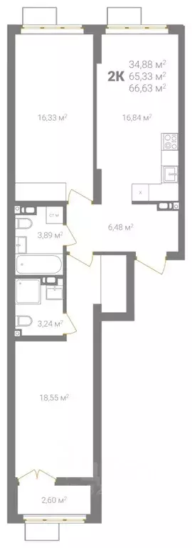 2-к кв. Нижегородская область, Нижний Новгород Ветеринарная ул. (66.63 ... - Фото 2