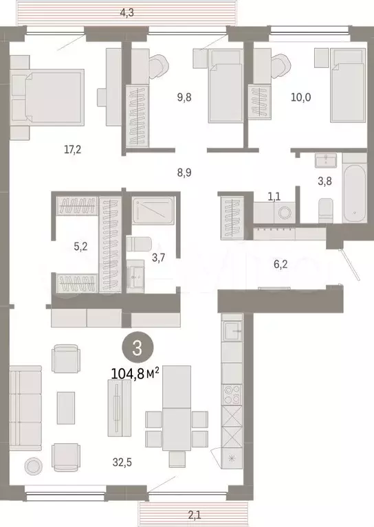 3-к. квартира, 104,8 м, 9/12 эт. - Фото 0