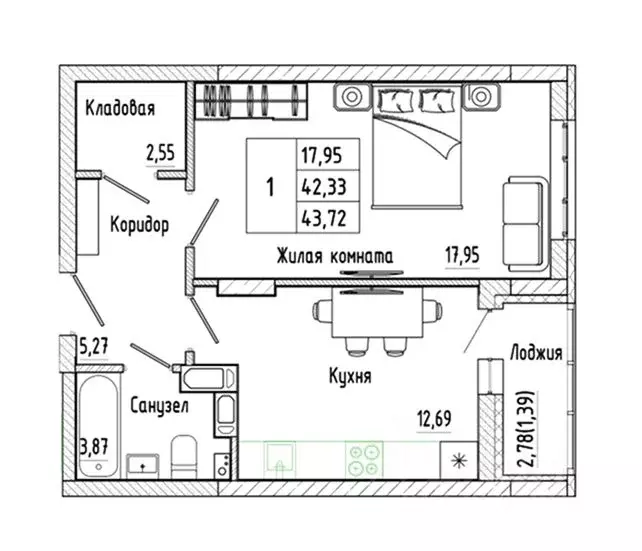 1-к кв. Воронежская область, Воронеж Нижняя ул., 32 (43.72 м) - Фото 1