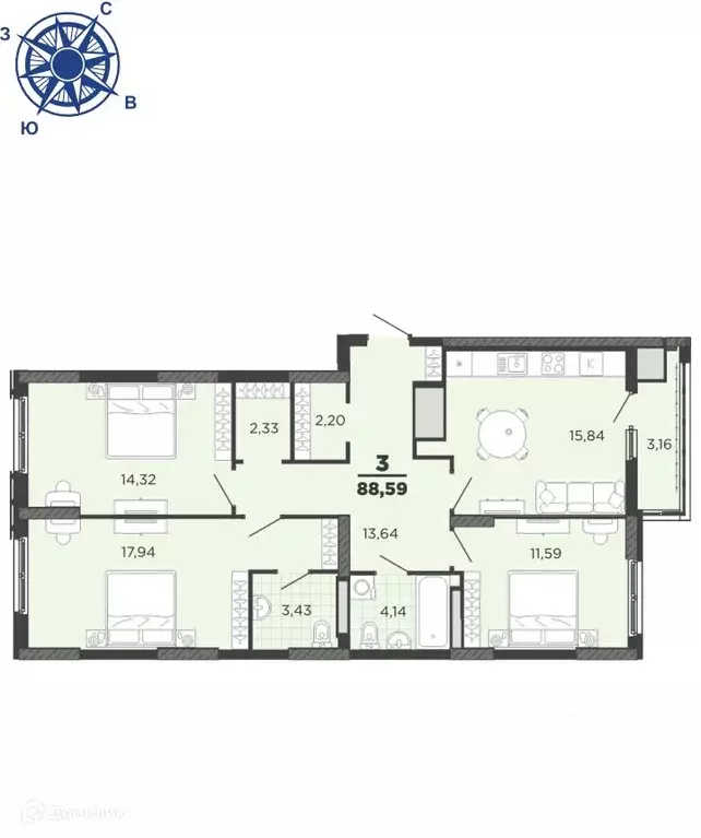 3-к кв. Рязанская область, Рязань ул. Островского, 122 (88.59 м) - Фото 0