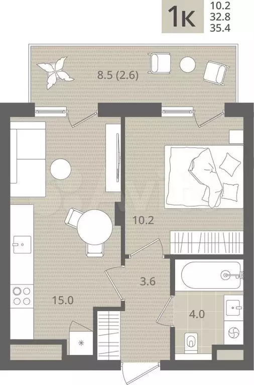 1-к. квартира, 35,4м, 2/7эт. - Фото 1